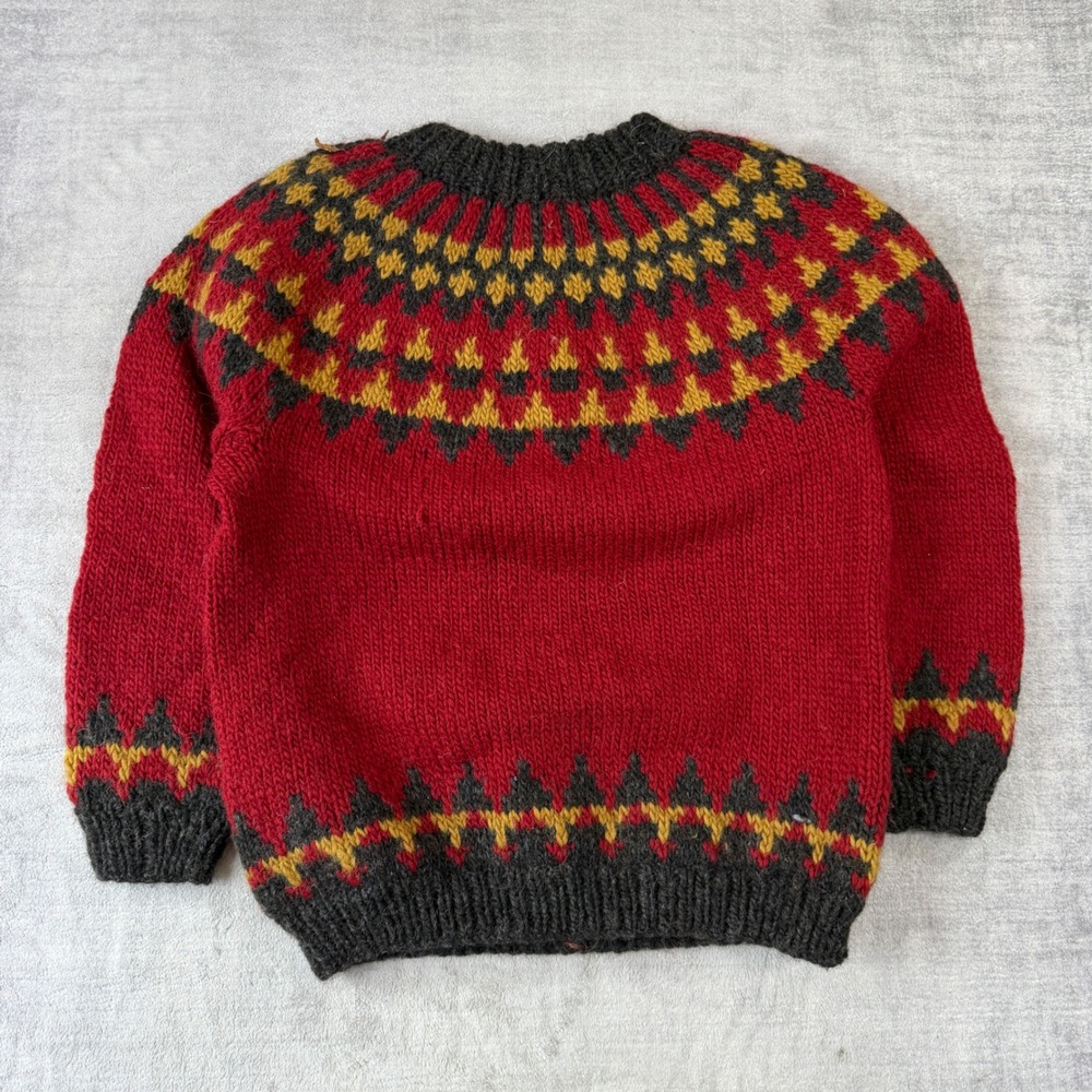 Handknit Sweater Mens Medium Red Nordic Vtg Fair Isle Wool Chunky Knit Pullover